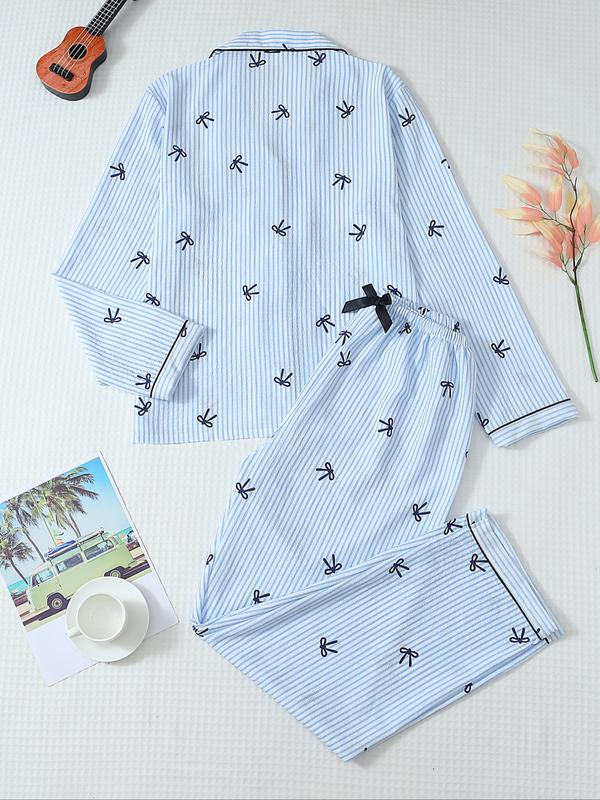 Women's Striped Bow Print Long Sleeve Pajama Set, Sweet Cute Button Front Top and Pants, Casual Home Wear for All Seasons