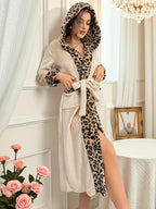Women's Leopard Print Thermal Lined Bathrobe, Casual Soft Comfortable Long Sleeve Belted Robe, Women's Sleepwear for Fall & Winter