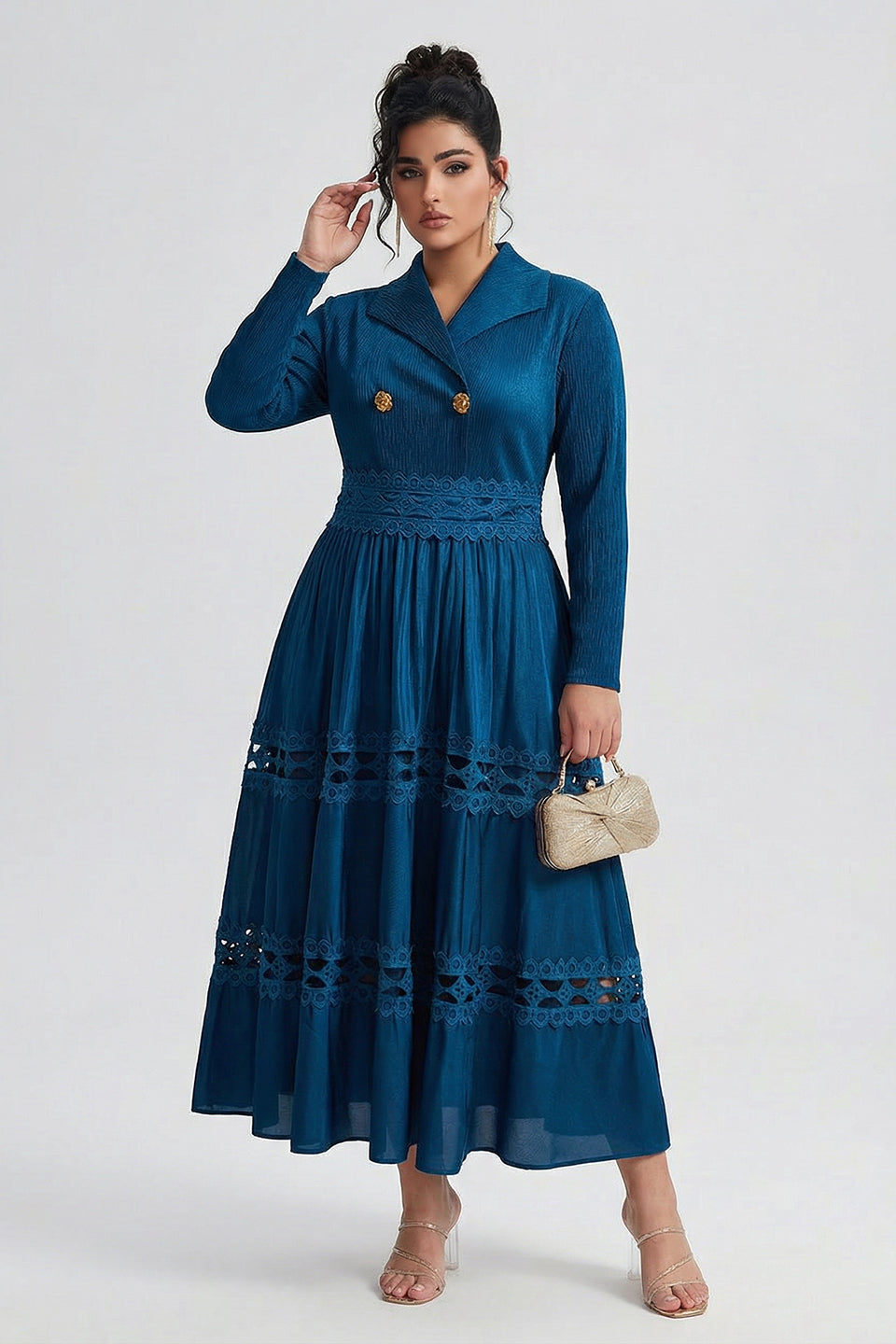 Curveins Plus Size Wrap Neck Long Sleeve Color Block Cinched Waist Maxi Dress