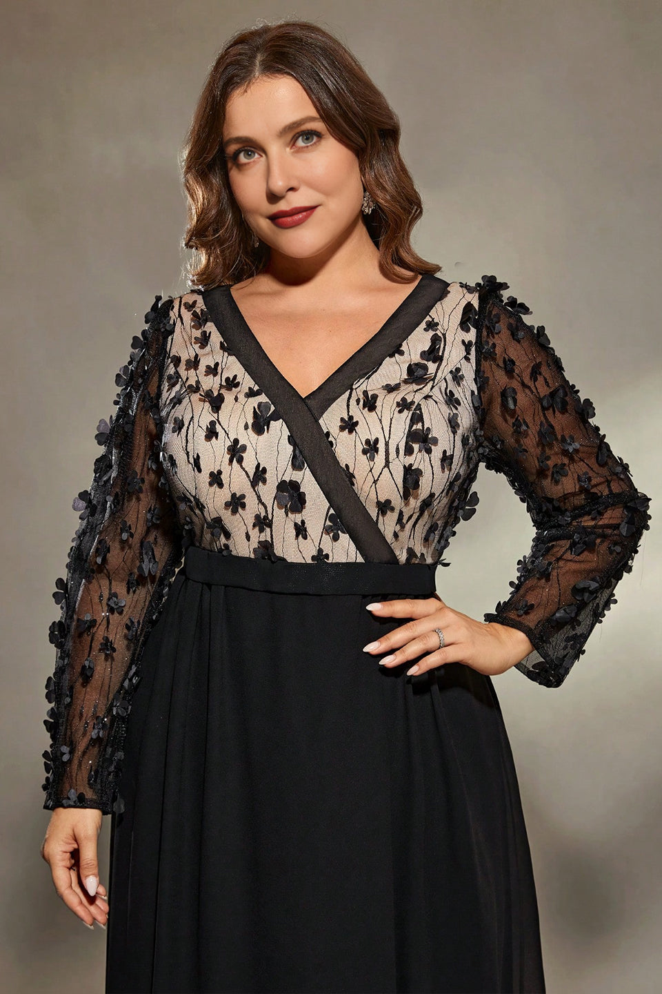 Curveins Plus Size Elegant V-Neck Long Sleeve Dress with Textured Floral Details