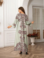 Elegant Boho Muslim Women's Long Robe, All over Print, Loose-Fitting, Round Neck, Flap Sleeves, Long Sleeve, All Seasons