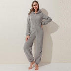Womens Fleece Onesies Pajamas Jumpsuit Warm Sherpa Romper Sleepwear One Piece Zipper Hooded Playsuit Loungewear