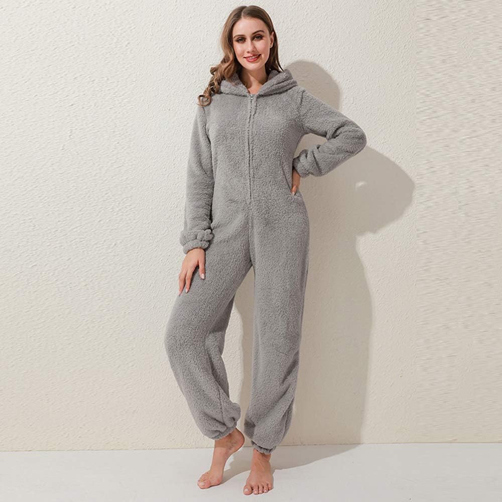 Womens Fleece Onesies Pajamas Jumpsuit Warm Sherpa Romper Sleepwear One Piece Zipper Hooded Playsuit Loungewear