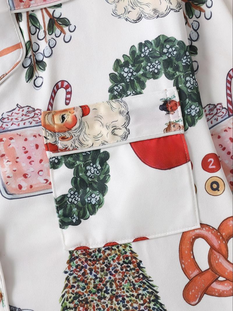 Women's Christmas Pajama Set, Lapel Button Long Sleeve Top & Loose Comfortable Pants, Casual All-Over Print Sleepwear