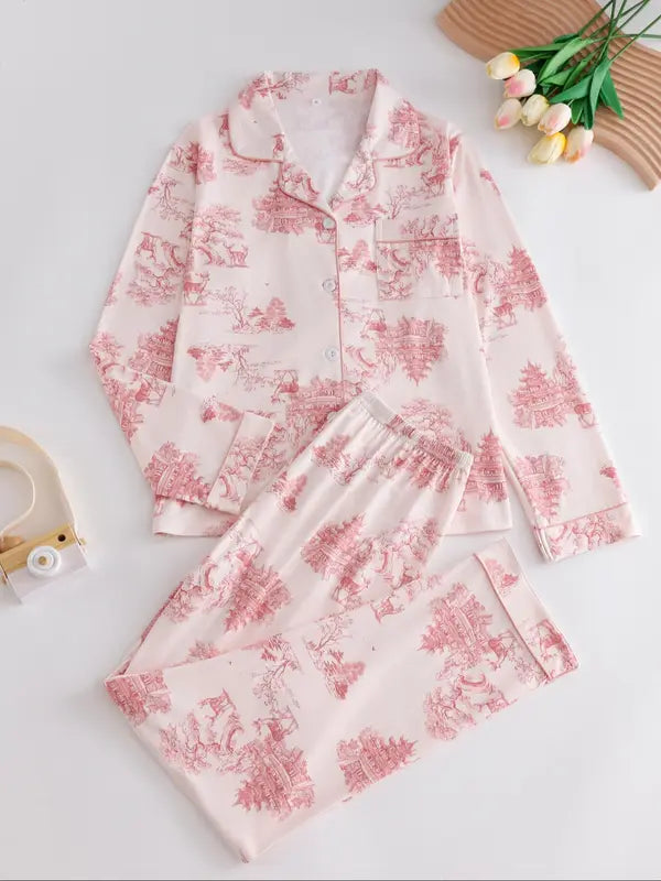 Two-Piece Set Women's All Over Print Button Front Pocket Lapel Shirt & Elastic Waist Pants Pyjama, Casual Comfy Long Sleeve Top & Trousers PJ Set, Women's Sleepwear for Spring & Fall