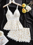Women's Solid/leopard Print Strap Cami Top & Lace Trim Shorts Pyjama Two-piece Set, Casual Comfy Camisole & Shorts Pj Set, Ladies Sleepwear for All Seasons, Loungewear, Pajamas, Womenswear