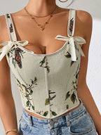 Women's Floral Print Adjustable Lace Up Corset Structure Shapewear Tank Top, Fashionable Bow Decor Shapewear Top for Daily Wear, Tummy Control Shaper for Women