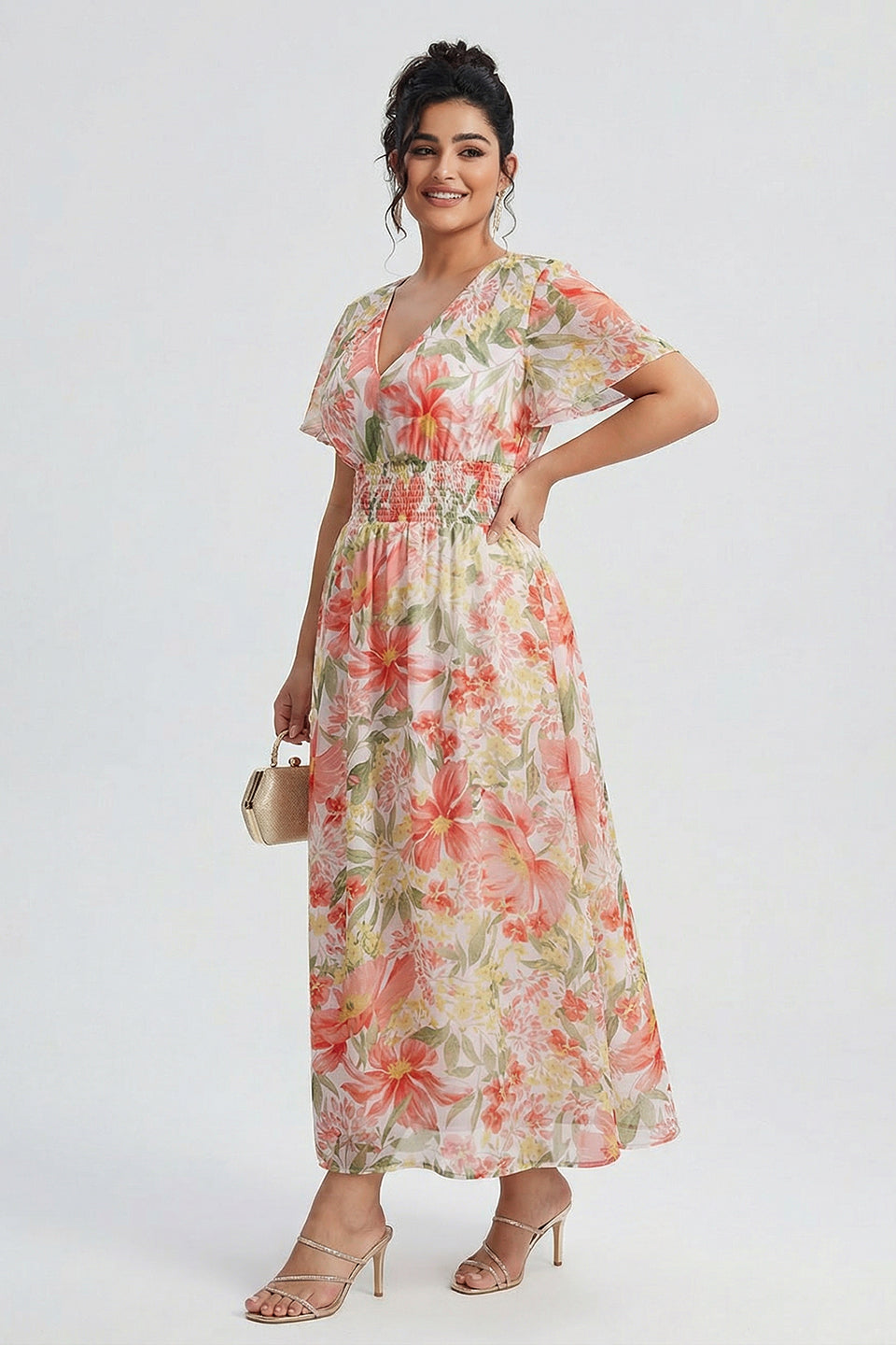 Curveins Plus Size V Neck Batwing Sleeve Cinched Waist Floral Pattern Maxi Dress