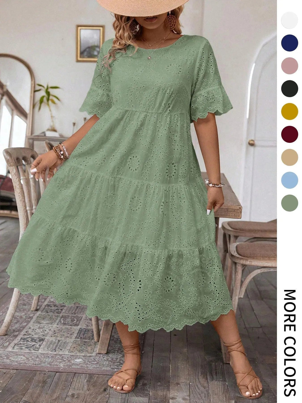 [Plus Size] Solid Eyelet Embroidery Dress, Boho-Style Round-Neck Dress for Vacation and Everyday Wear – Women's Summer Clothing