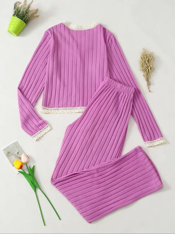 Women's V Neck Long Sleeve Pajama Set, Casual Fitted Sleepwear for All Seasons, Elegant Home Wear, 2pcs New Arrival