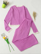 Women's V Neck Long Sleeve Pajama Set, Casual Fitted Sleepwear for All Seasons, Elegant Home Wear, 2pcs New Arrival