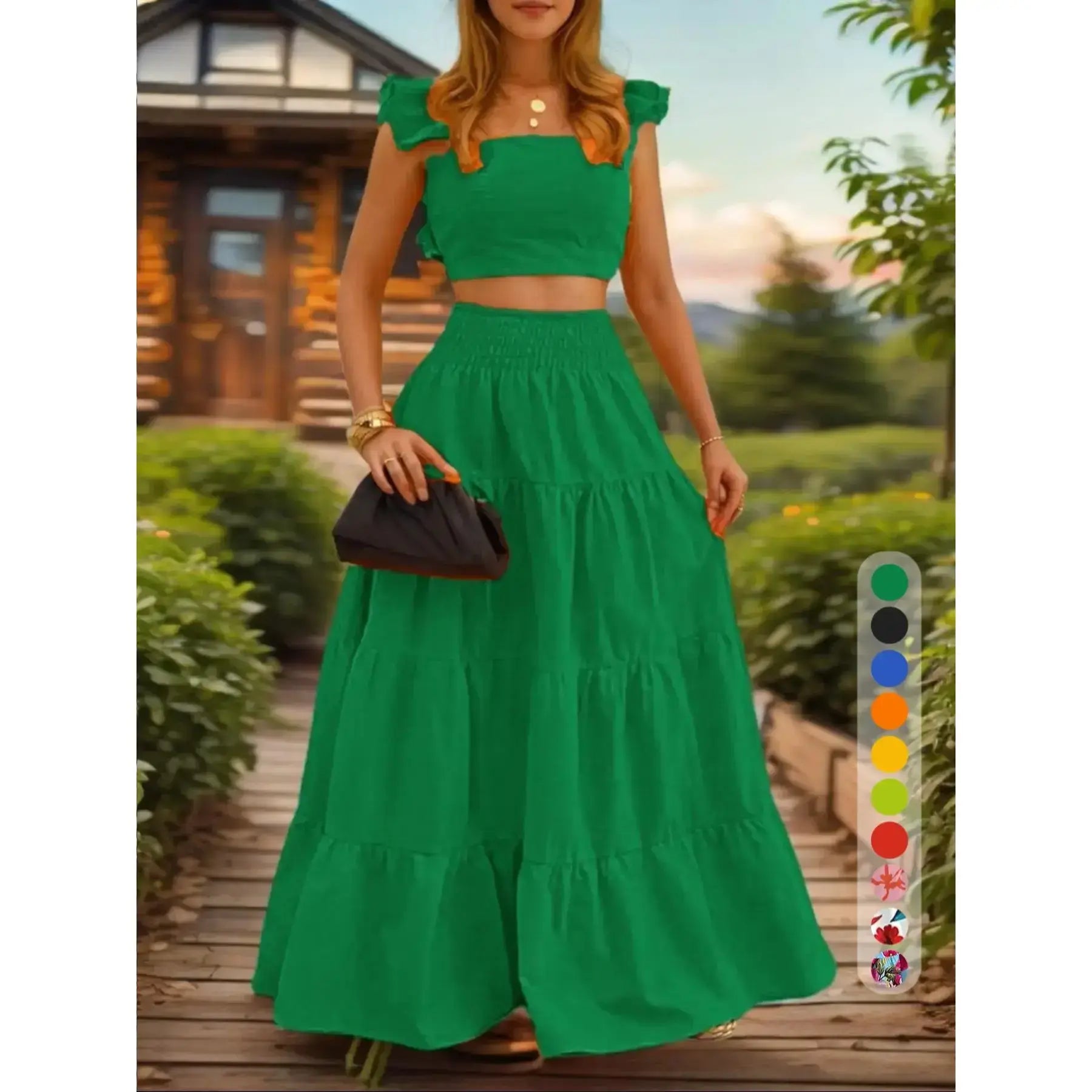 Women's Solid Color / Floral Print Shirred Top & Long Skirt Two-piece Set, Boho Fashion Casual Top & Skirt for Daily Holiday Vacation Wear, Ladies for Summer