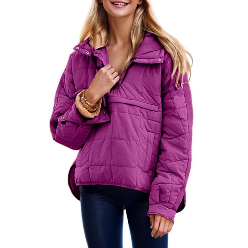 Women's Oversized Puffer Jacket Quilted Dolman Hoodies Pullover Long Sleeve Lightweight Warm Tops with Big Chest Pocket