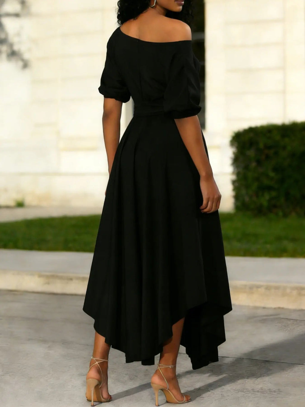 Women's Plain Belted Split Boat Neck Dress