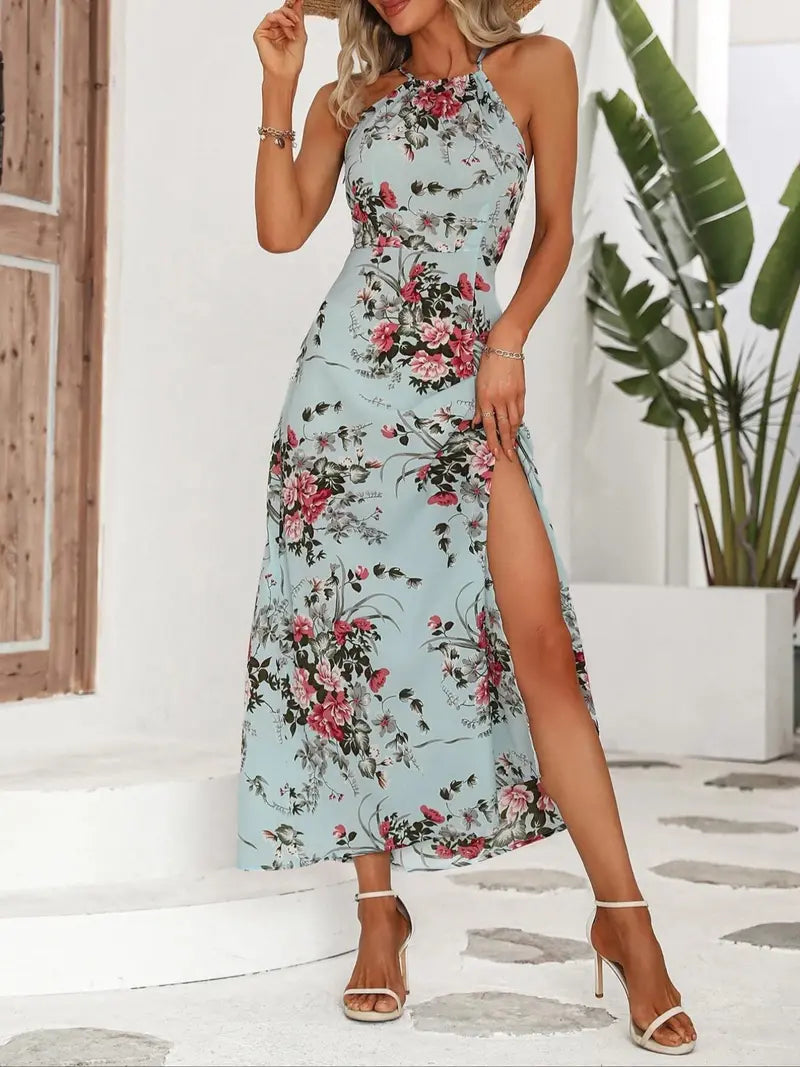 Women's Floral Print Split Thigh Halter Dress, Tie Back Design, Bohemian Boho Summer Long Sleeveless Fitted Dress, Elegant Printed Series
