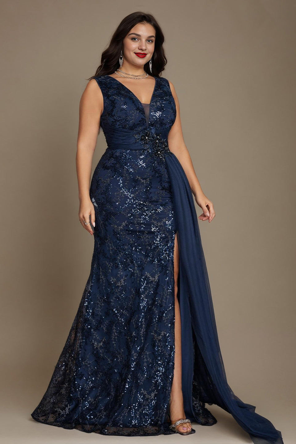 Curveins Plus Size V Neck Sleeveless Sequin Floral Side Tie Elegant Maxi Dress