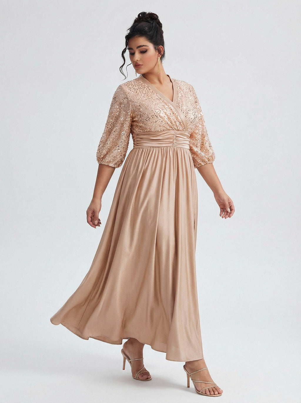Curveins Plus Size Elegant V-Neck Sequin Panel Dress