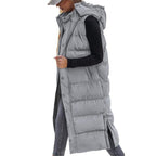 Women's Long Puffer Vest with Quilted Hood and Button Down Closure for Winter Coat 2025 - Tops, Womenswear
