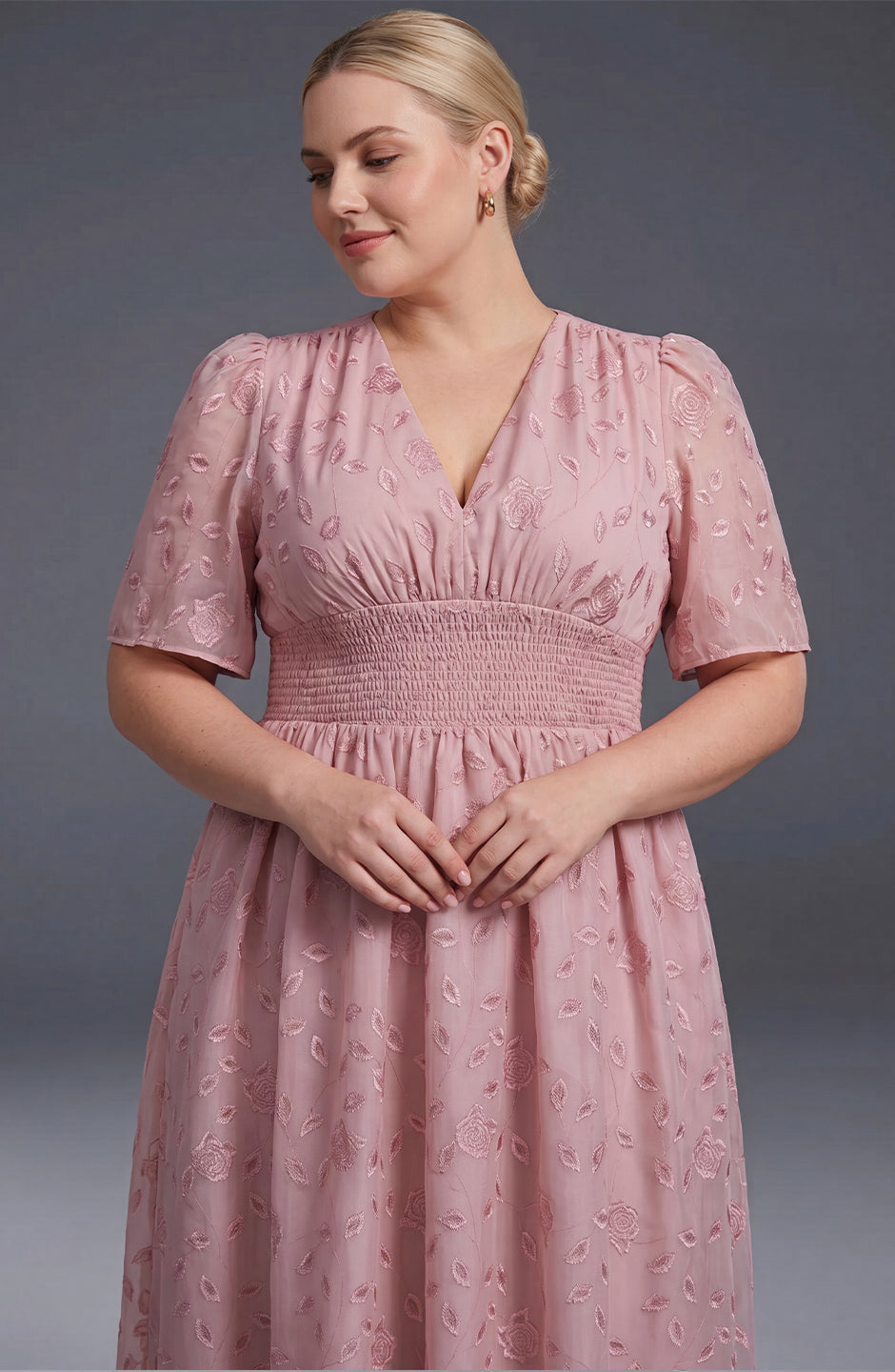 Curveins Plus Size V-Neck High-Waist Pleated Maxi Dress