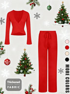 V Neck Sexy Top + Fashion Long Pants Christmas Holiday Atmosphere Set, Slim-Fitting, Plain Pattern, Spring & Fall Style