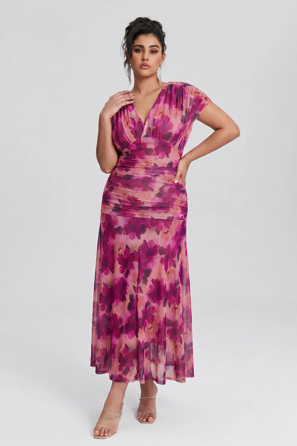 Curveins Plus Size V Neck Batwing Sleeve Cinched Waist Maxi Dress