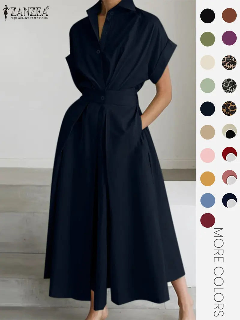 Women's Solid Color Collared Dress, Casual Short Sleeve  Dress for Summer, Ladies Clothes for Daily Wear