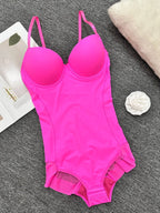 Women's Solid Color Contrast Mesh Sheer Cami Shapewear Bodysuit, Adjustable Strap Tummy Control Shapewear for All Seasons