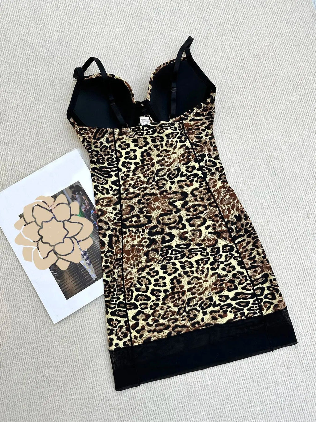 Elegant Leopard Print Body Shaping Dress, Adjustable Strap, Above the Knee, Casual Style, All Seasons, Women's Slimming Skirt, Shapewear