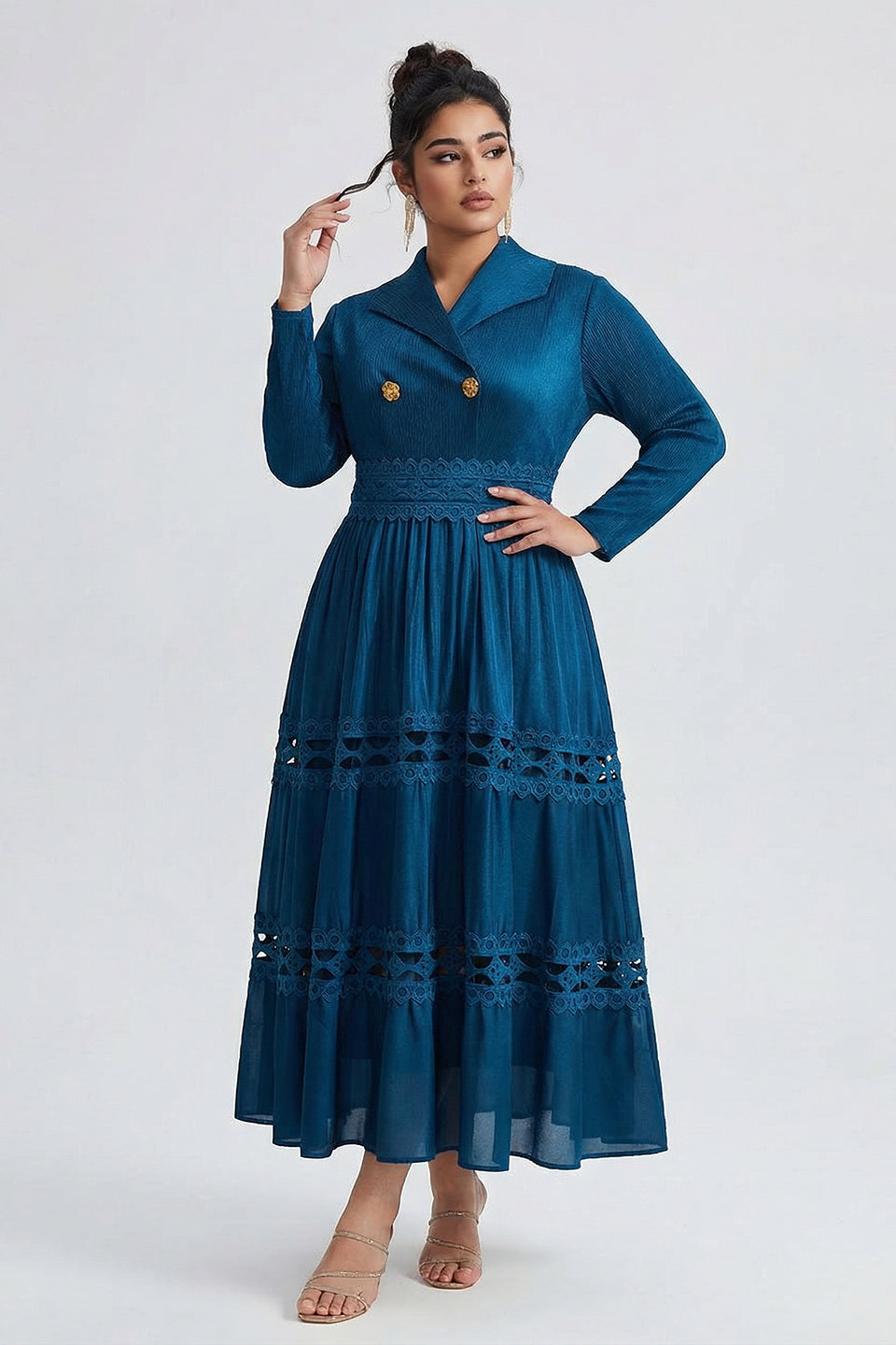 Curveins Plus Size Wrap Neck Long Sleeve Color Block Cinched Waist Maxi Dress