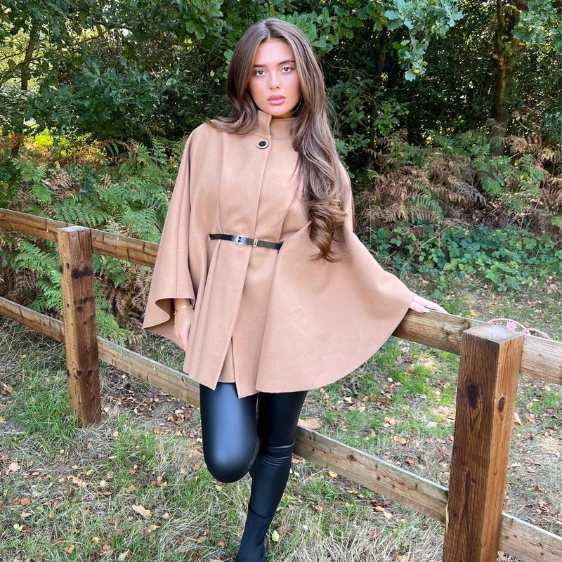 Belted Cape With Belt, High Neck with Button Fits Up To A Size30Autumn/Winter