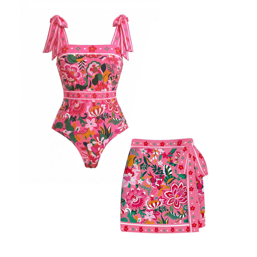 Pink Floral Paradise Print One Piece Swimsuit and Skirt
