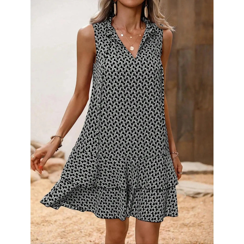Women's Geometric Print Bow Tie Dress, Tiered Layer Cake Skirt, Casual Spring Summer Wear, Fitted Short Sleeveless Design