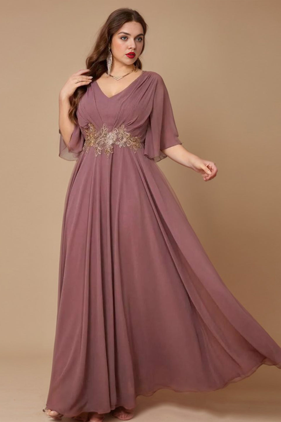 Curveins Plus Size Batwing Sleeve V Neck Gathered Waist Elegant Maxi Dress