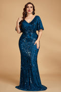 Curveins Plus Size V-Neck Batwing Sleeve Floral Sequin Bodycon Maxi Dress