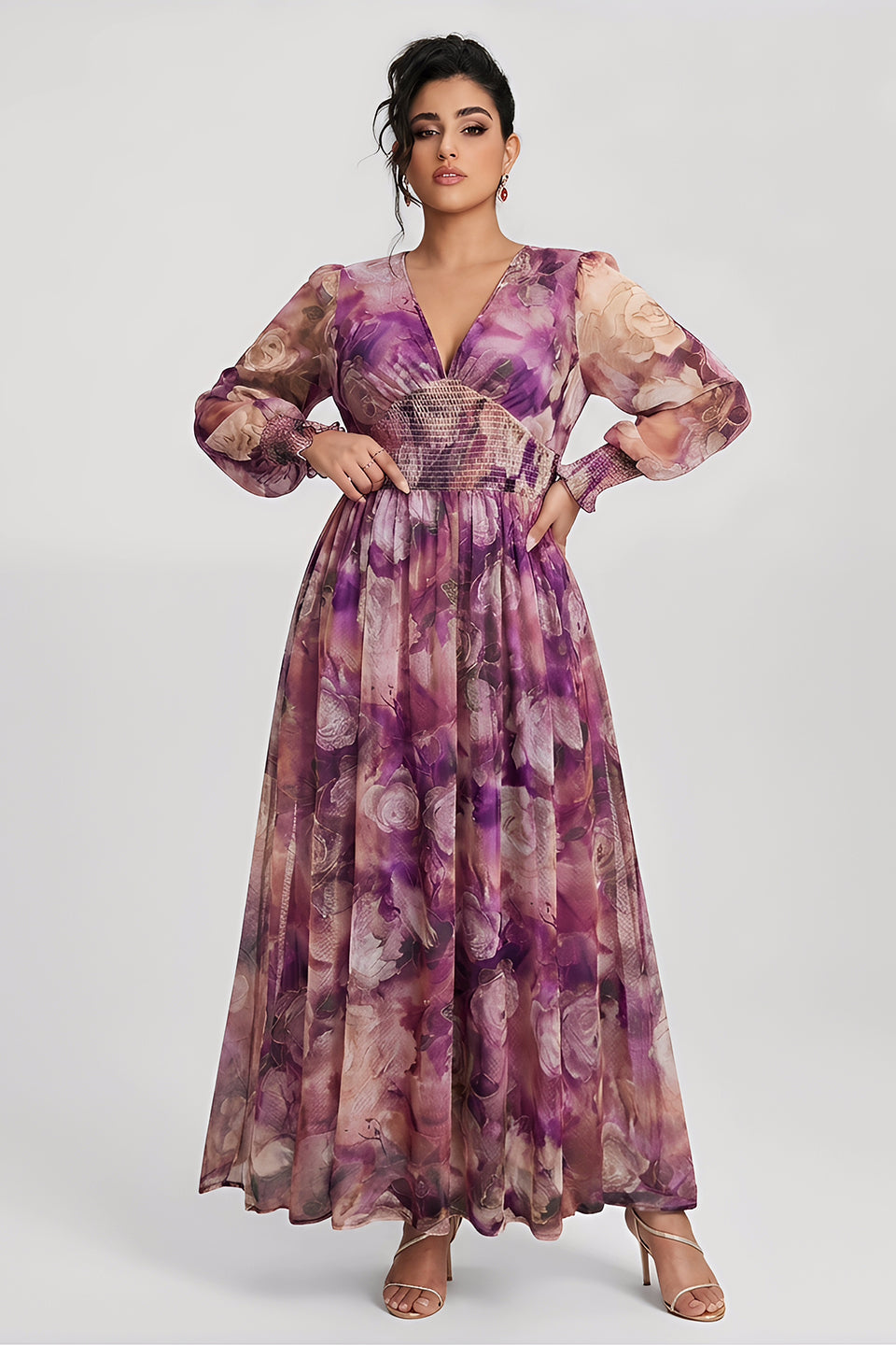 Curveins Plus Size V Neck Long Sleeve Floral Waist Maxi Dress