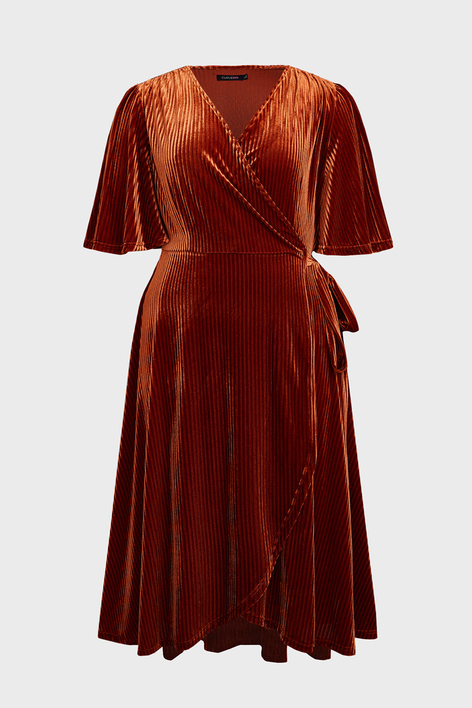Curveins Plus Size Wrap V-Neck Belted Asymmetrical Hem Midi Dress