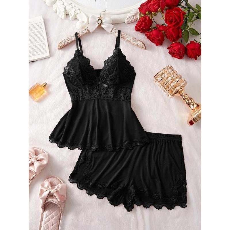 Women's Solid/leopard Print Strap Cami Top & Lace Trim Shorts Pyjama Two-piece Set, Casual Comfy Camisole & Shorts Pj Set, Ladies Sleepwear for All Seasons, Loungewear, Pajamas, Womenswear