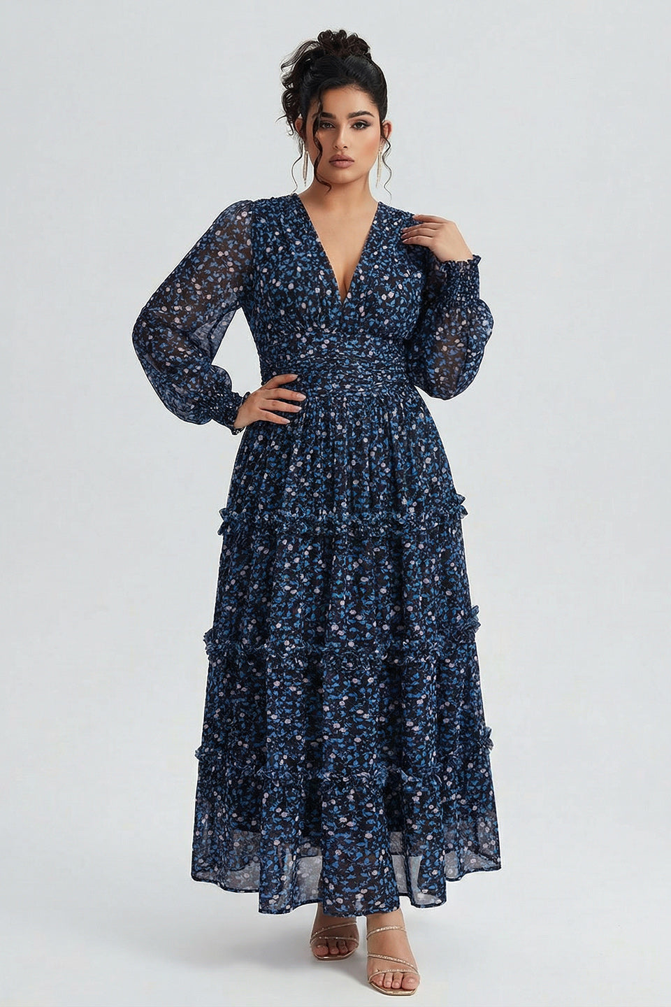 Curveins Plus Size V Neck Long Sleeve Floral Tiered Maxi Dress