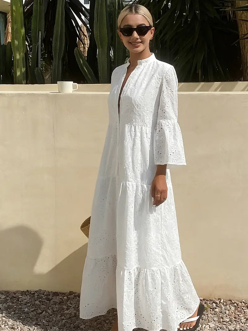women's white fashionable French flared sleeve tunic dress with elegant French style