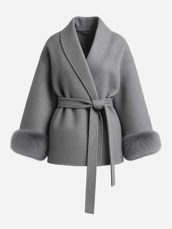 Women's Elegant Solid Color Waist Tie Plush Long Sleeve Thermal Wrap Coat