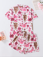 Women's Floral & Cow Print Top & Shorts Pajama Two-piece Set, Casual Comfy Short Sleeve Top & Shorts Pajama Set