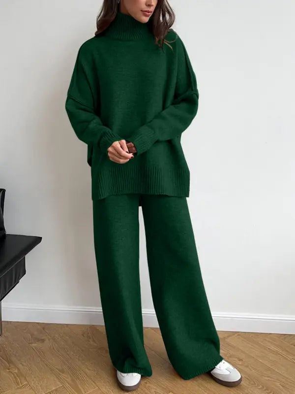 Women's 2 Pcs Sweater Set Autumn/Winter Long Sleeve Turtle Neck Drop Shoulder Solid Color Pullover Sweater and Wide Leg Pants