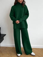 Women's 2 Pcs Sweater Set Autumn/Winter Long Sleeve Turtle Neck Drop Shoulder Solid Color Pullover Sweater and Wide Leg Pants