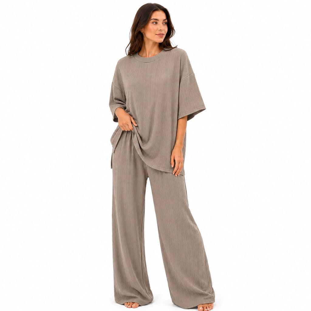 Ensemble Femme Chic Texturé – T-shirt & Pantalon Fluide