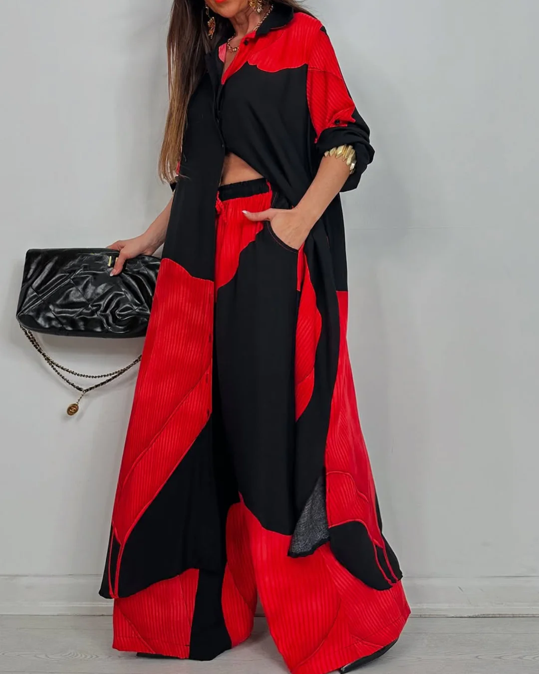 Women's V-neck Patchwork Printed Top and Pants Commuting Casual Suit