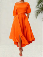 Women's Plain Belted Split Boat Neck Dress
