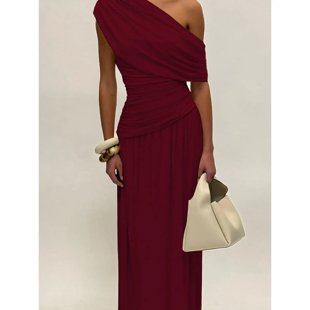 Women's Solid Color Ruched Dress, Elegant Dress Evening Party Gown, Ladies Summer Clothes, Asymmetrical Ruched Dress