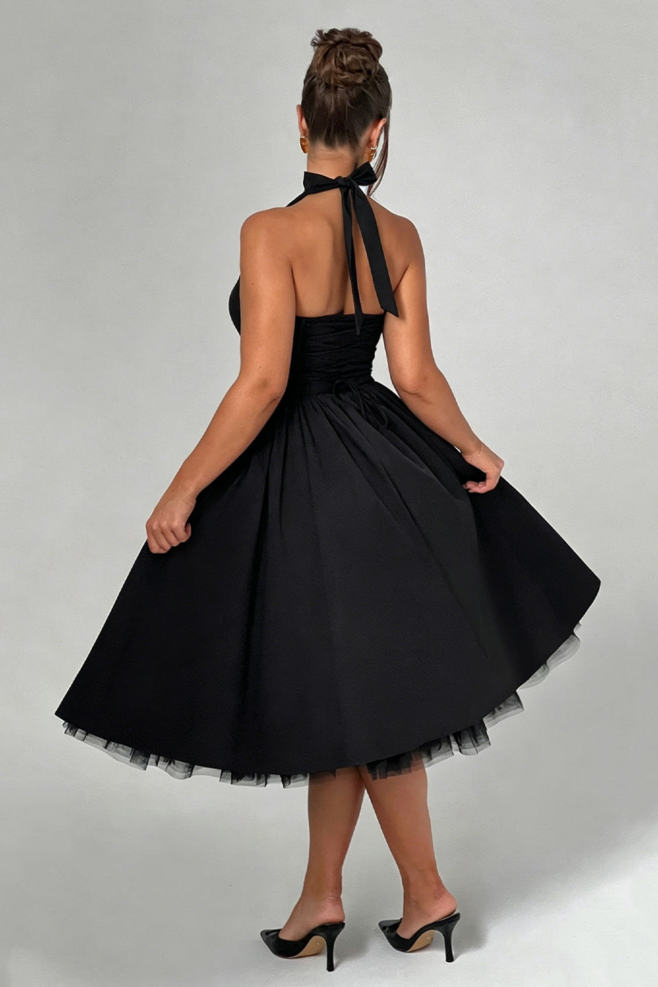 Curveins Plus Size Halter Neck Spaghetti Strap Sleeveless Puff Skirt Midi Dress