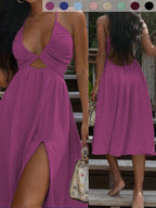 Summer New Sexy Wrap Top V-Neck Dress, Loose Beach Style Split Skirt, Women's Fashionable Long Dress, Perfect for Vacation