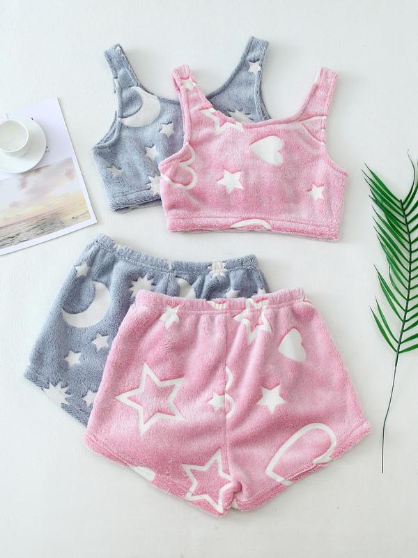 4 Counts/2 Set Women's Halloween Print Glow in The Dark Crop Tank Top & Elastic Waist Shorts Fluffy Pajamas, Casual Comfortable Loungewear for Women, Comfy Loungewear for Women, Women's Sleepwear for Fall, Fluffy Pajamas